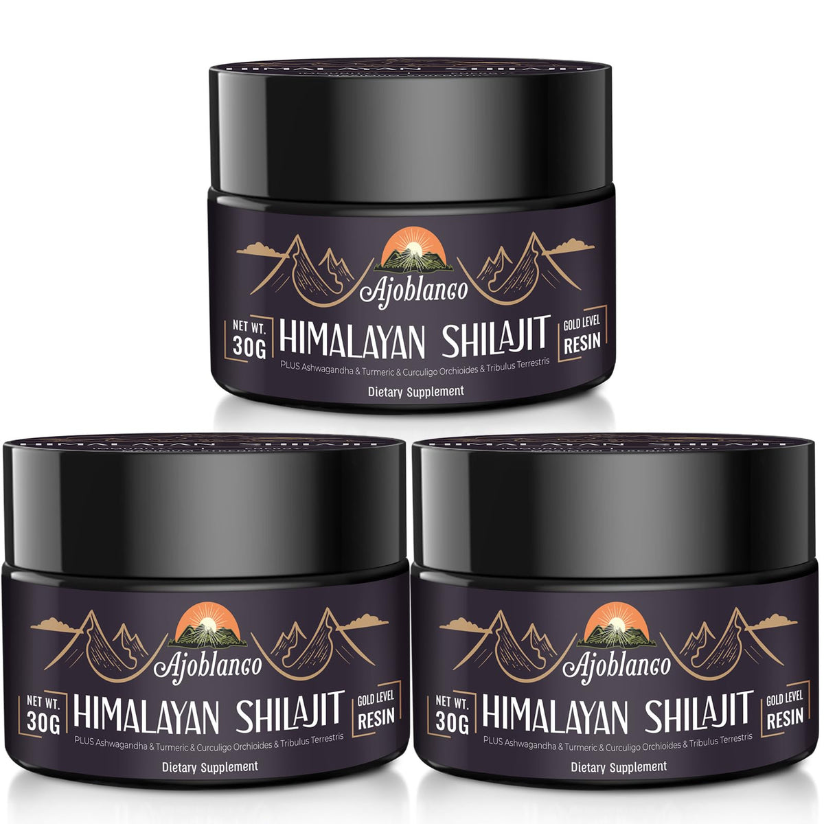 Ajoblanco Shilajit Resin en bouteille Pack 3 pour énergie et équilibre.