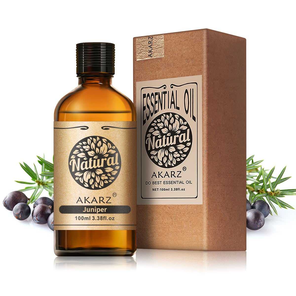 AKARZ huile essentielle genévrier – bouteille ambrée pour spa.