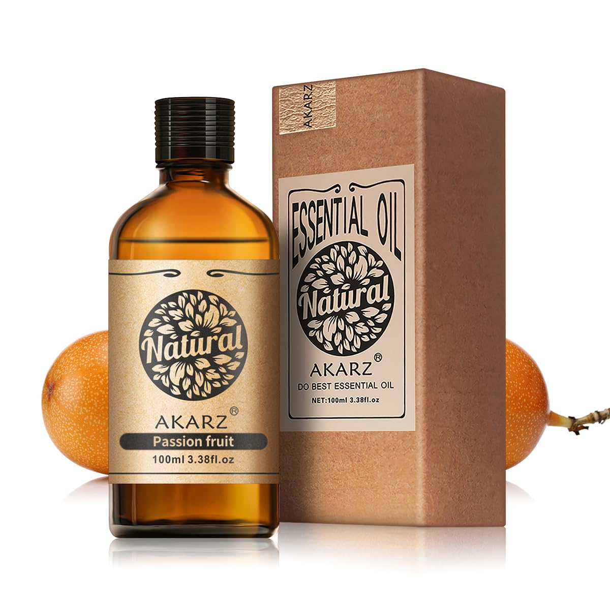 AKARZ huile passion fruit – flacon ambré, préserve l'arôme tropical et l'efficacité aromatique.