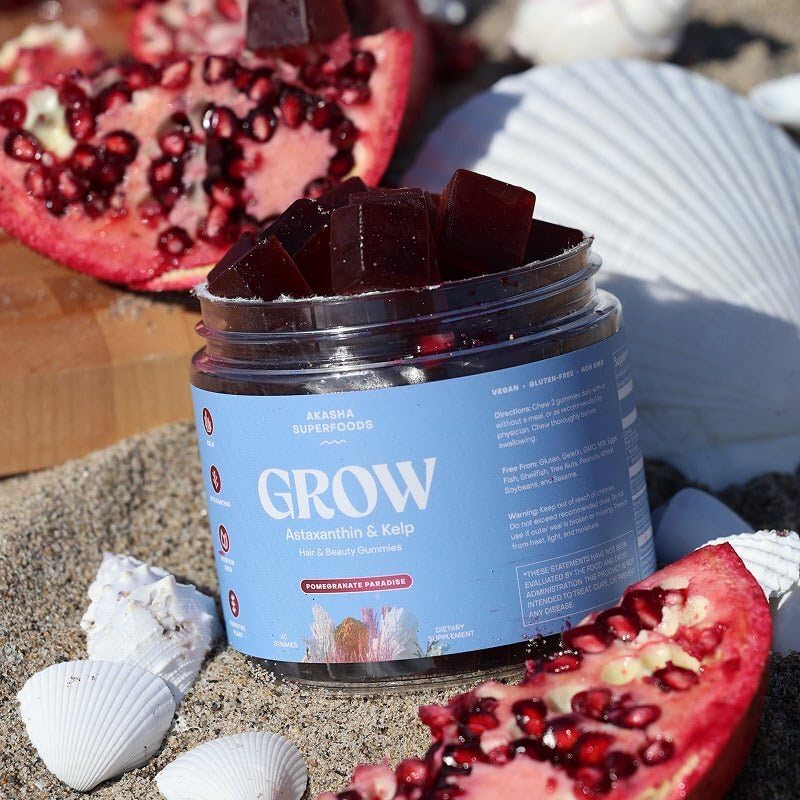 Akasha Grow Gummies algues kelp, source naturelle pour soutien capillaire.