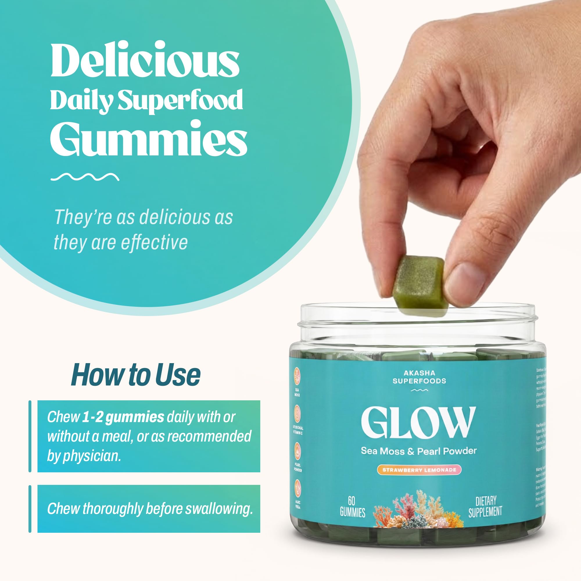 Saveur fraise-citron des gommes Akasha Sea Moss Glow.