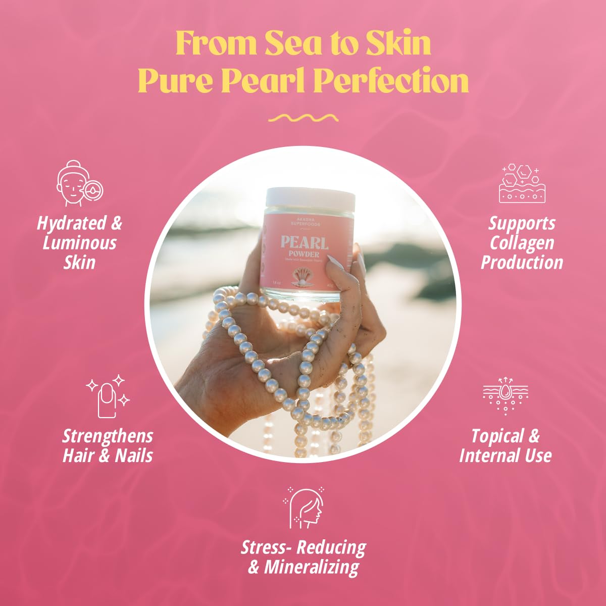 Akasha Superfoods Poudre de perles, cuillère-mère-perle pour dosage précis.