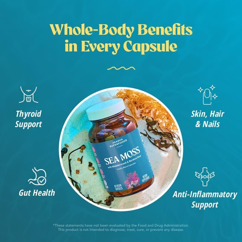 Capsules Akasha Superfoods Sea Moss avec Bioperine pour favoriser l’absorption des nutriments.