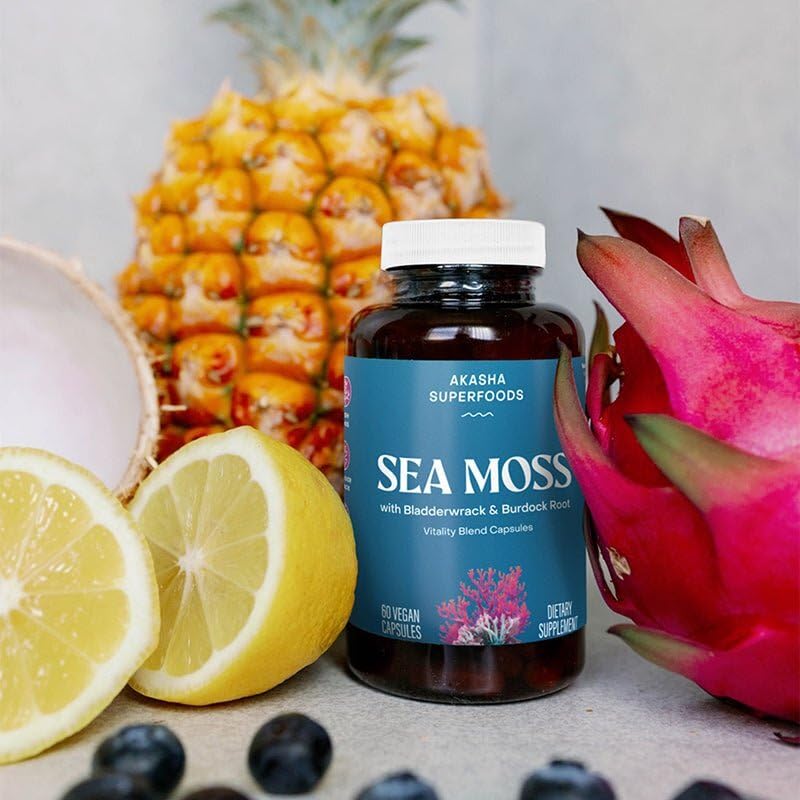 Capsules Akasha Superfoods Sea Moss, ingrédients riches pour soutenir votre routine bien-être quotidienne.