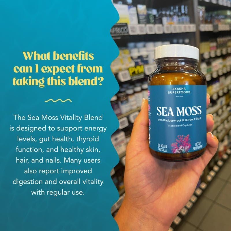 Capsules Akasha Superfoods Sea Moss — soin potentiel pour la peau et le bien-être.