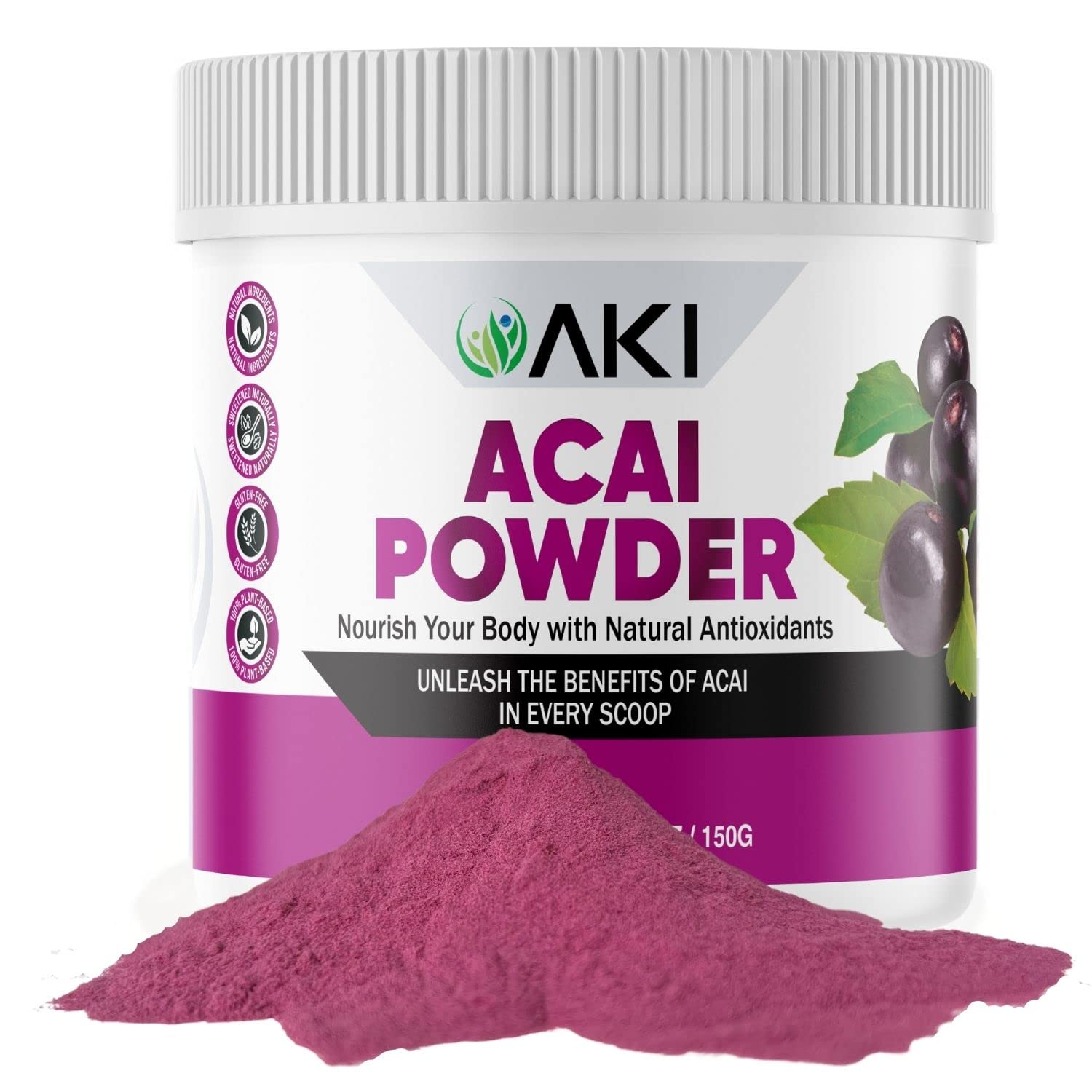 AKI ORGANIC Poudre d’acaï dans une bouteille, prête à booster vos smoothies riches en vitamines.