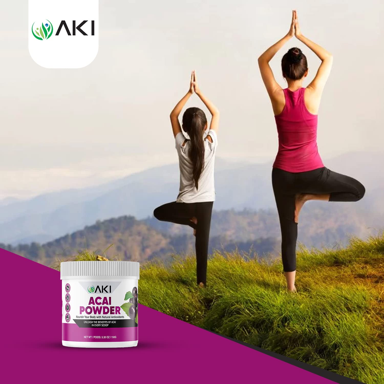 Shaker avec AKI Organic Acai Powder prêt à mélanger.