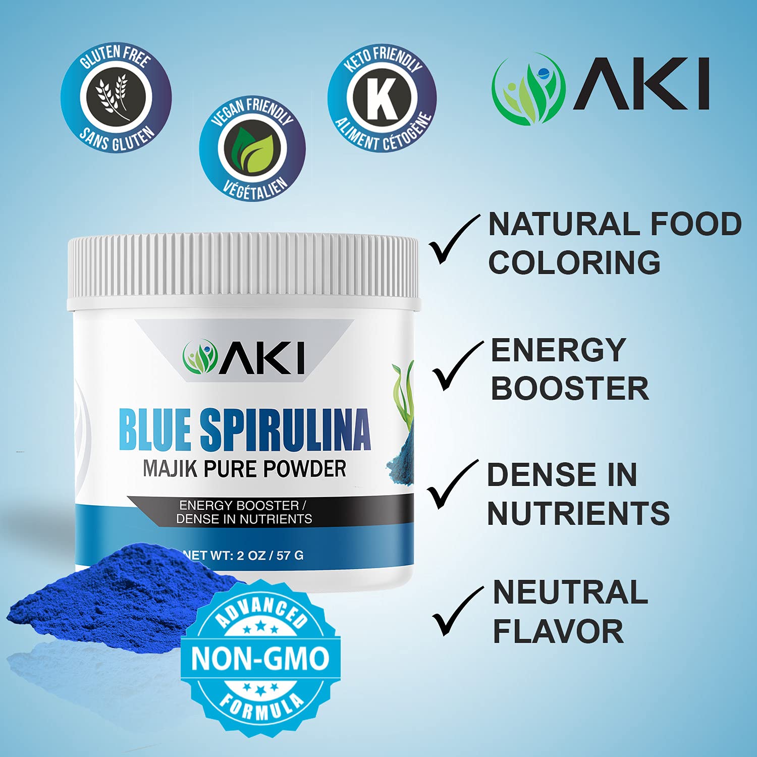 AKI ORGANIC E18 poudre spiruline bleue en bocal 57 g pour cuisine pratique.