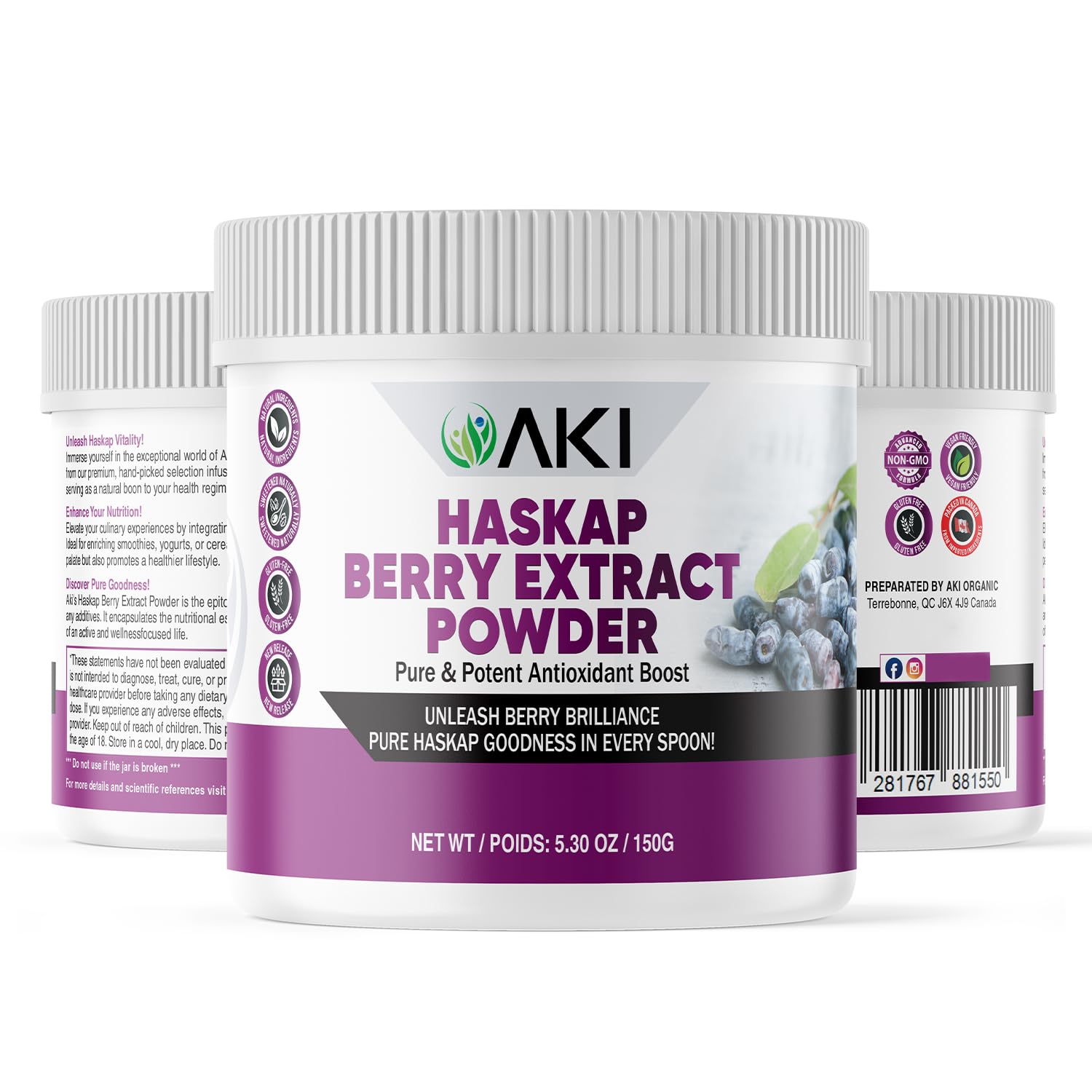 Étiquette AKI ORGANIC Haskap Extract montrant ingrédients naturels.