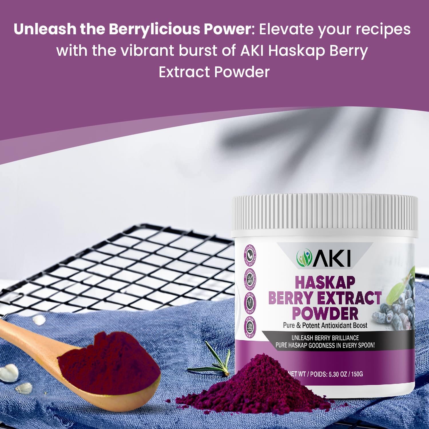 Ingrédients naturels du AKI ORGANIC Haskap Extract sans additifs.