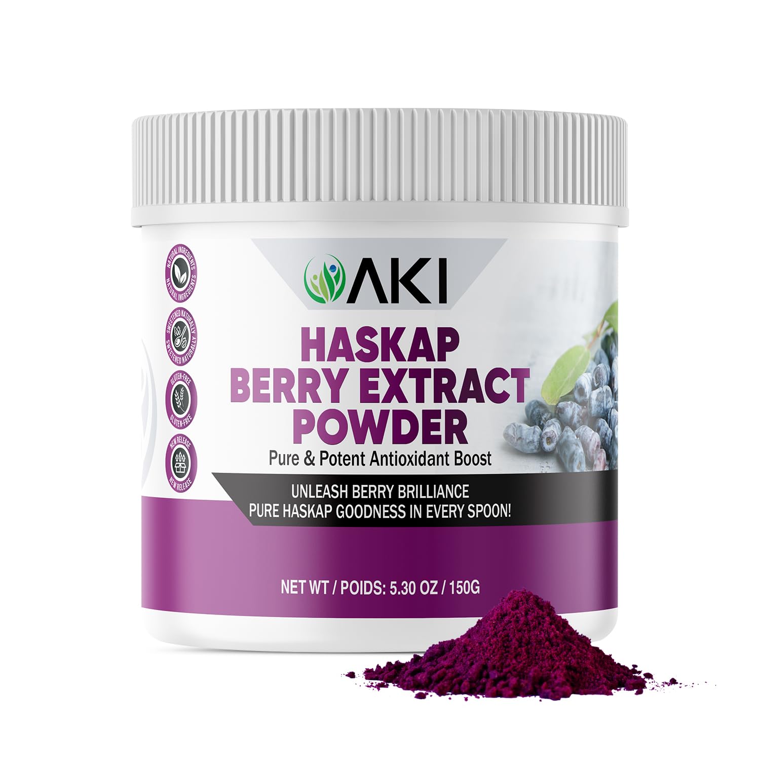 Poudre AKI ORGANIC Haskap Extract, riche en antioxydants et énergie durable.