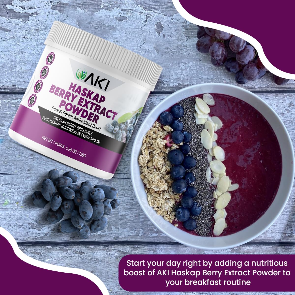 Verre dose AKI ORGANIC Haskap Extract pour portions simples.