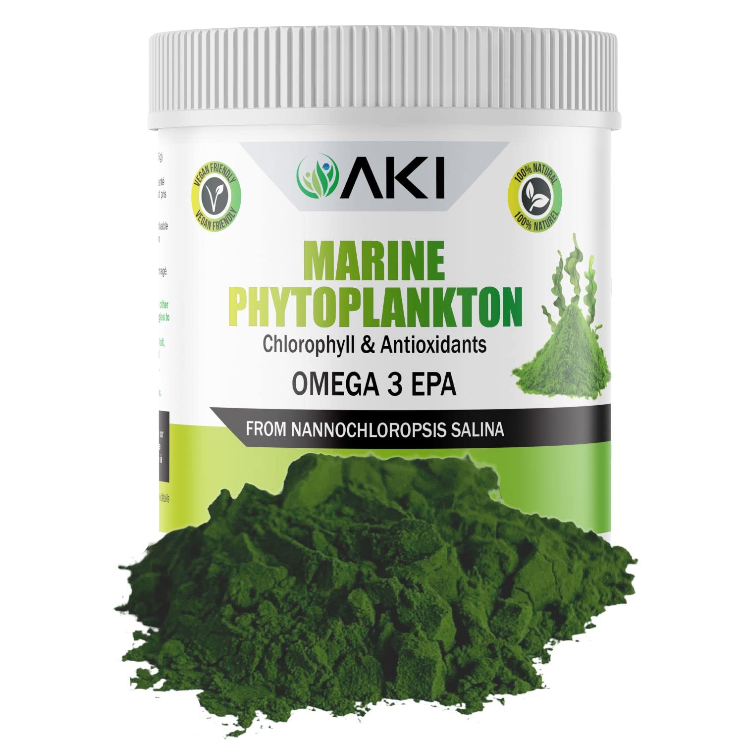 AKI ORGANIC Marine phytoplancton en poudre dans bouteille, Omega-3 végétal.