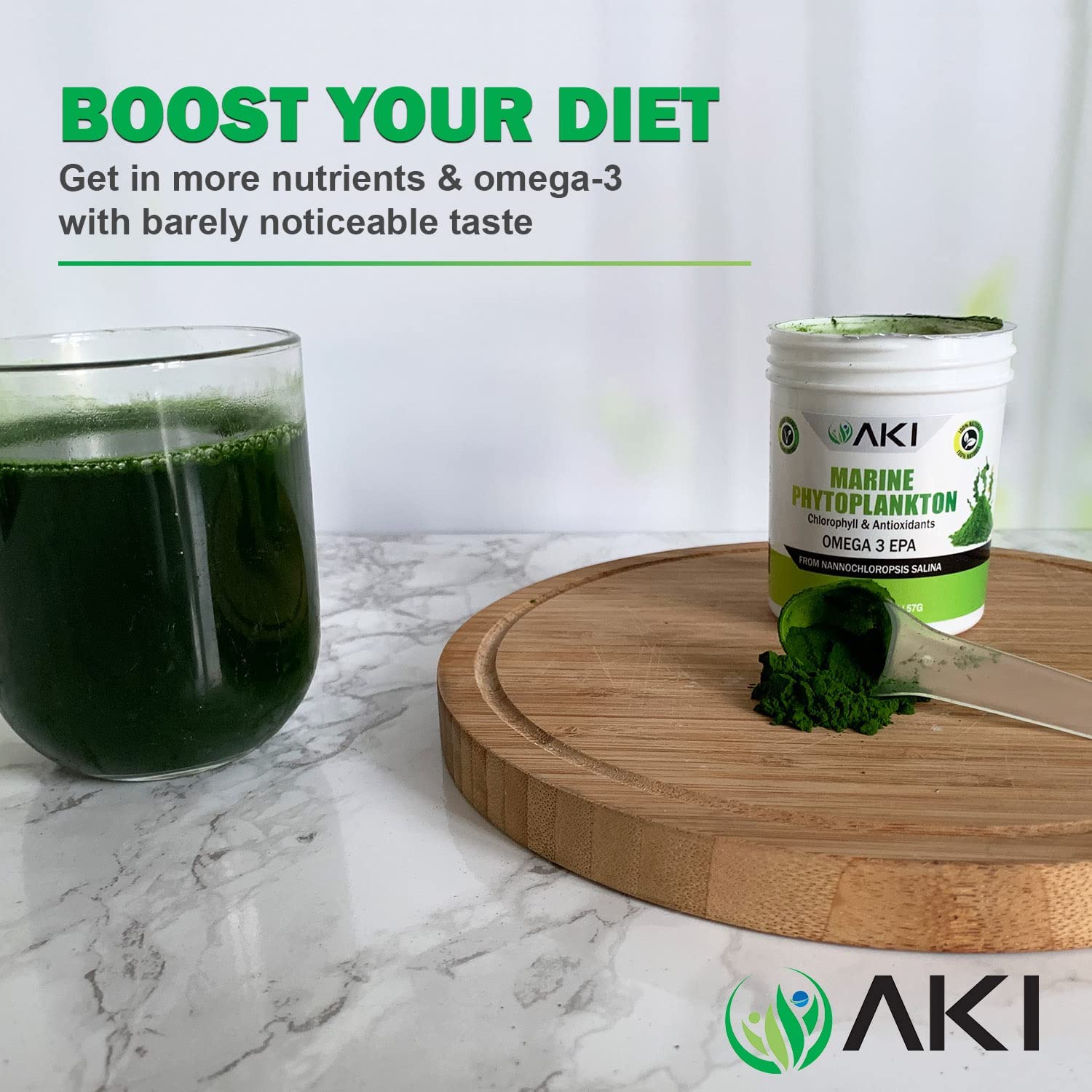 AKI ORGANIC Poudre phytoplancton dans eau ou yaourt, facile à incorporer.
