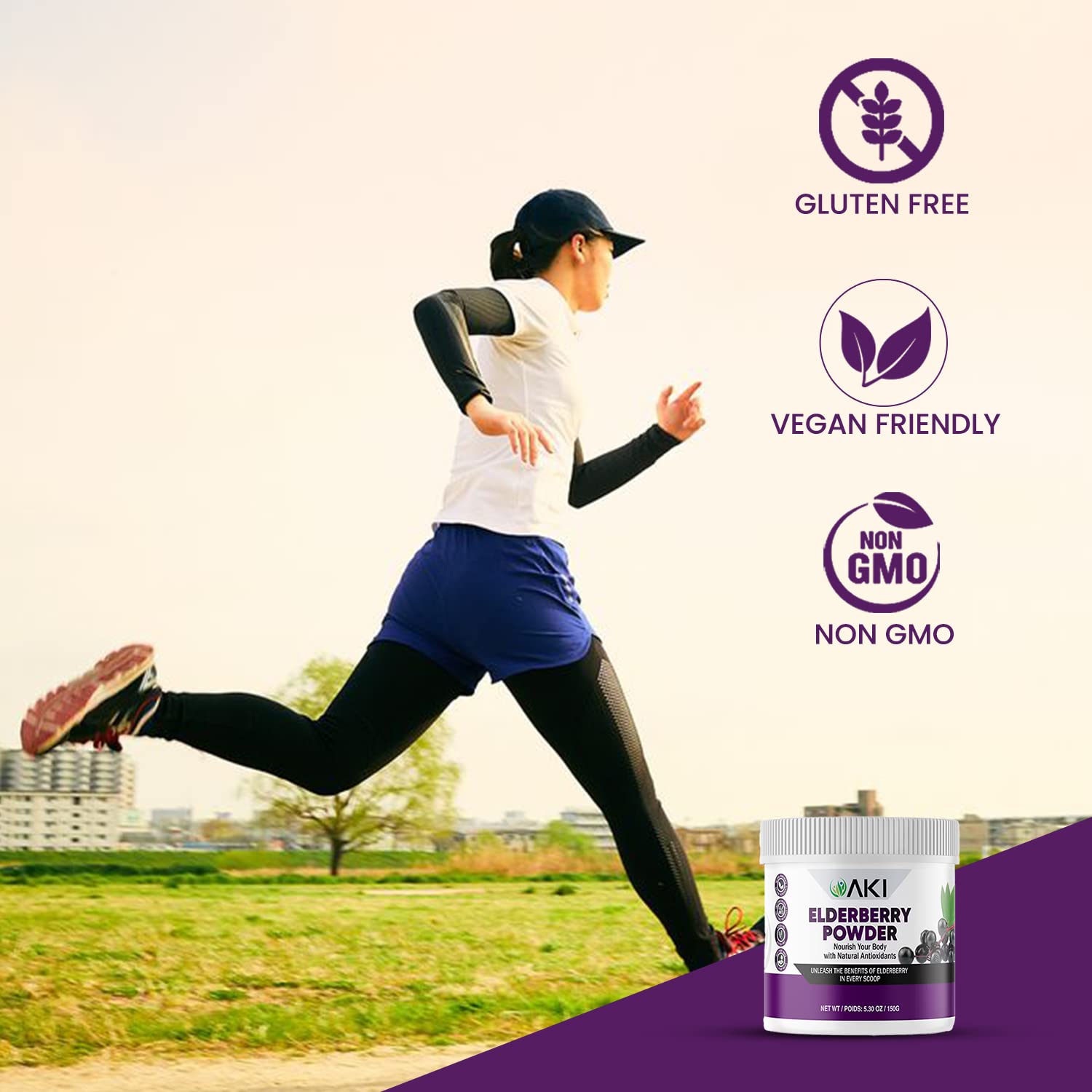 AKI Organic poudre de sureau noir dans un bol de fruits frais.