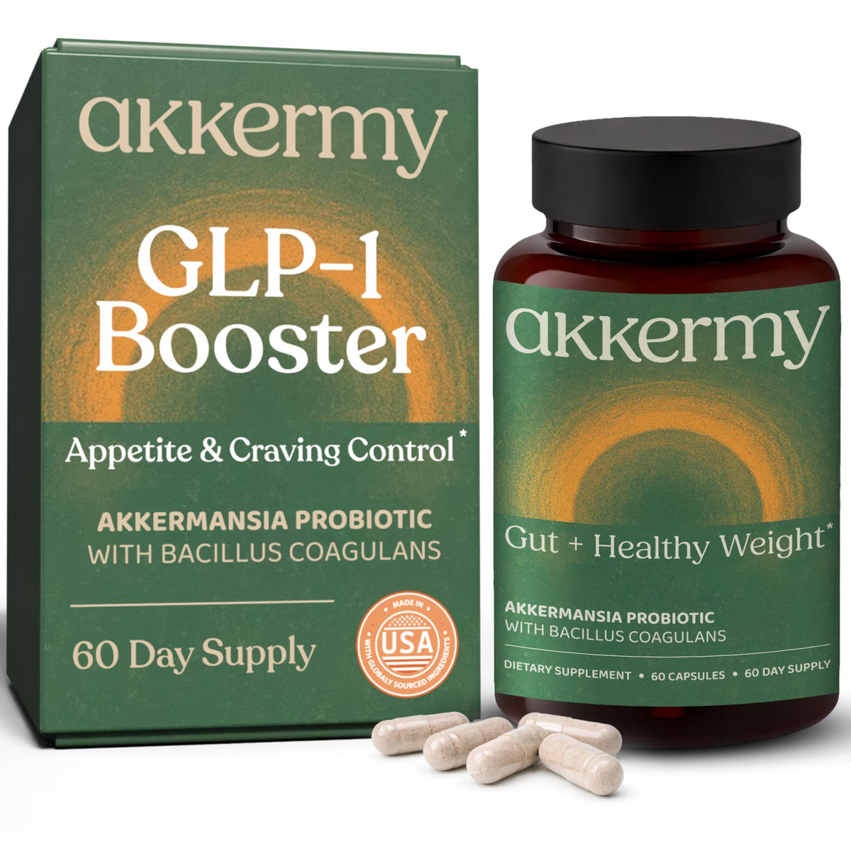 Bouteille Akkermy Probiotique avec étiquette claire et promesse de satiété.