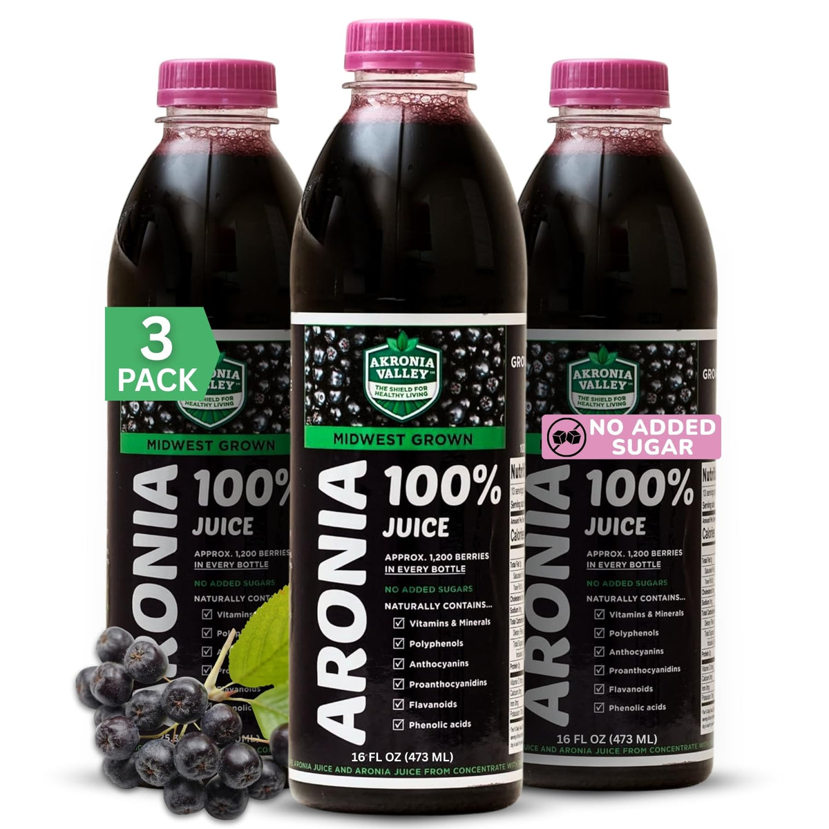 Akronia Valley – bouteille de jus d'aronia pur et riche en antioxydants.