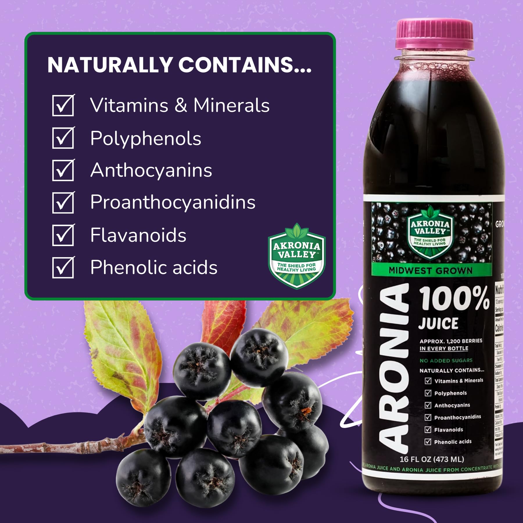 Akronia Valley – verre avec le jus d'aronia pour dégustation rafraîchissante.
