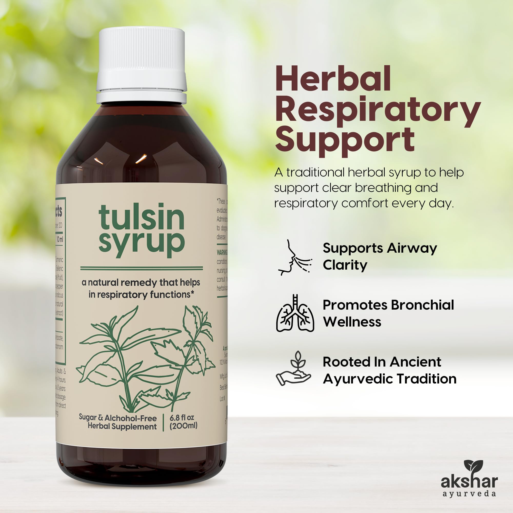 AKSHAR Tulsin Syrup – Étiquette montrant les ingrédients clés.