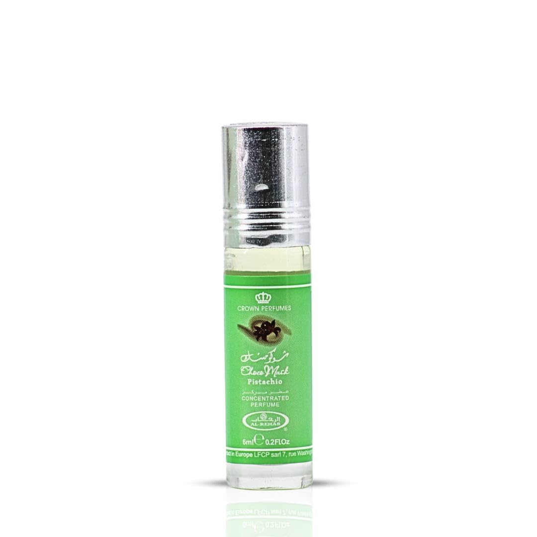 Al-Rehab Choco Musk Pistachio – bouteille roll-on compacte prête pour l'application.