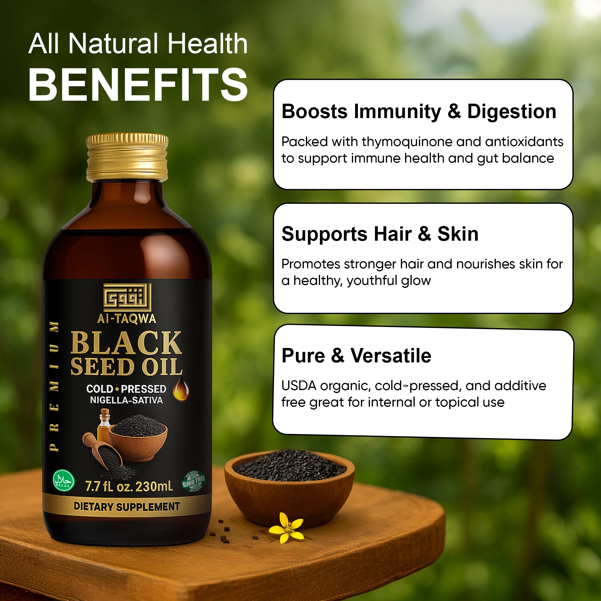AL-TAQWA huile noire nigelle – Étiquette authentique rappelant pureté naturelle.