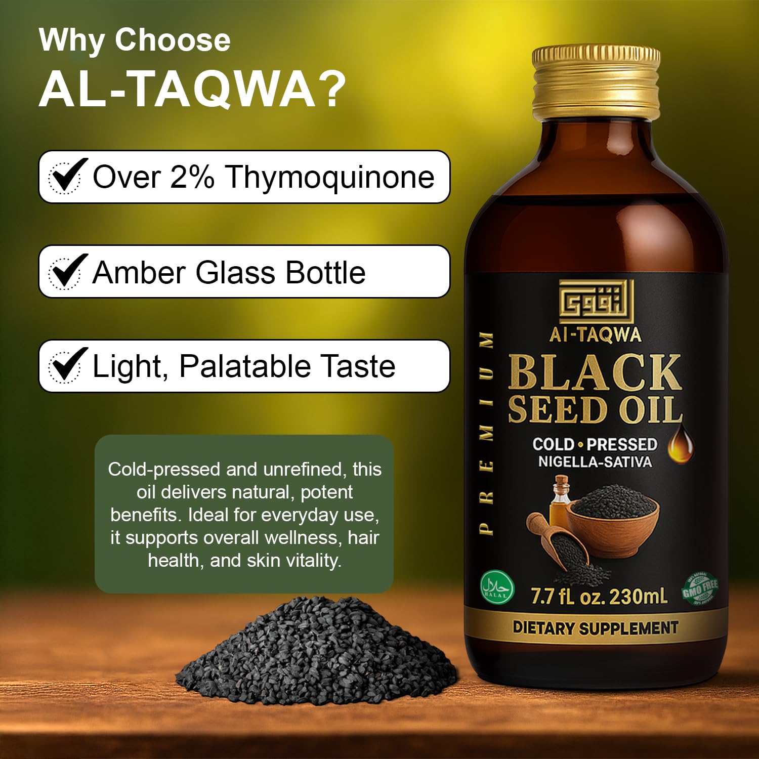 AL-TAQWA huile nigelle – Bouteille sans OGM adaptée à un mode de vie vegan.
