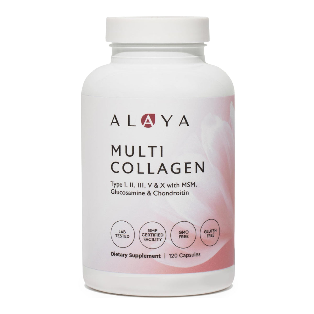 Capsules Alaya Naturals collagène hydrolysé I à X pour flexibilité et éclat.
