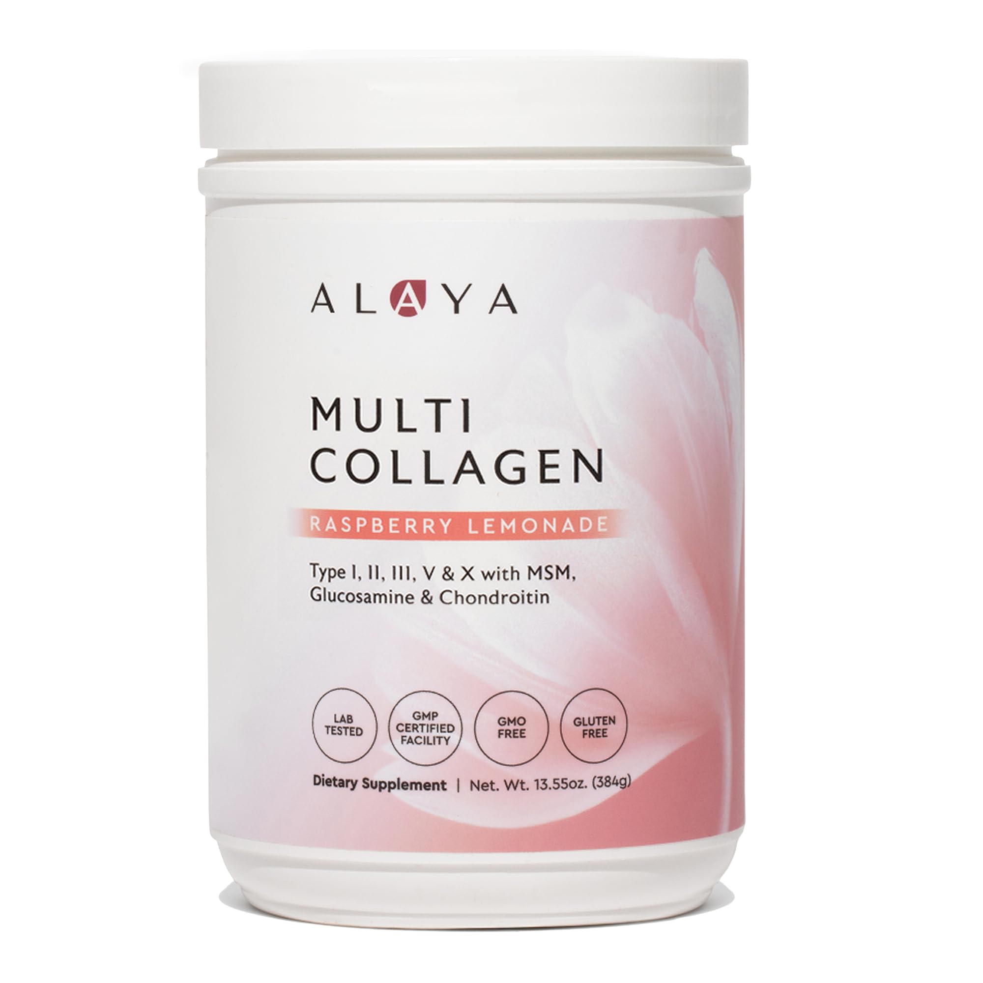 Alaya Naturals Multi Collagen, bouteille framboise citron, saveur agréable pour une routine quotidienne.