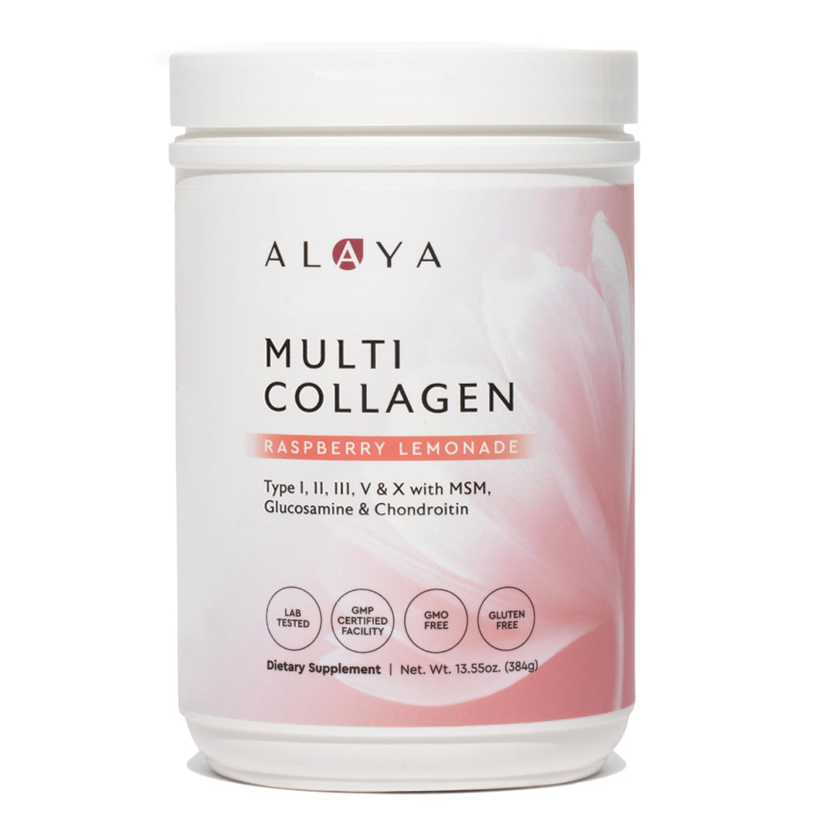 Alaya Naturals Multi Collagen, bouteille framboise citron, saveur agréable pour une routine quotidienne.