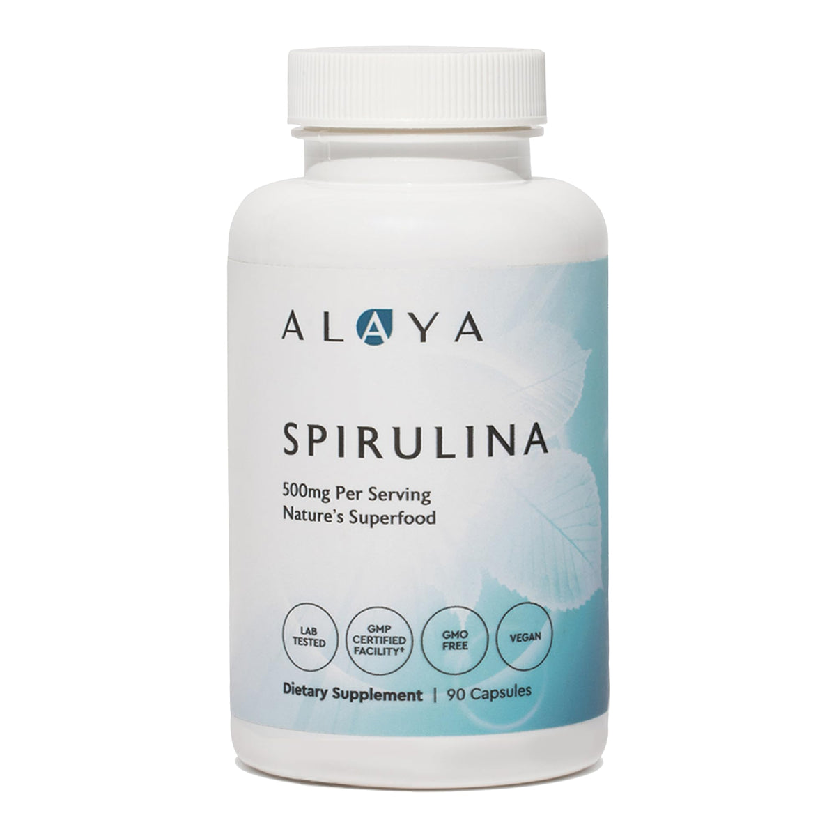 Alaya Naturals Spiruline capsules 500 mg en bouteille pratique, soutien énergétique potentiel.