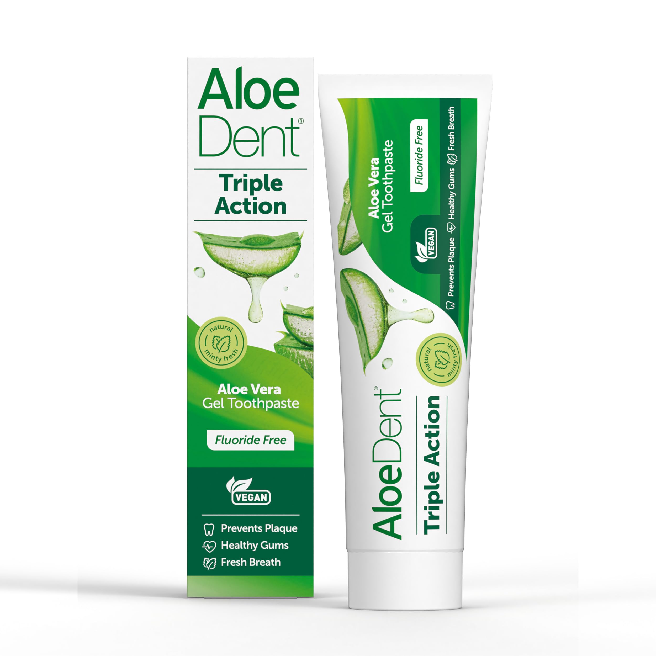 AloeDent Triple Action, bouteille 100 ml, texture légère et fraîche.
