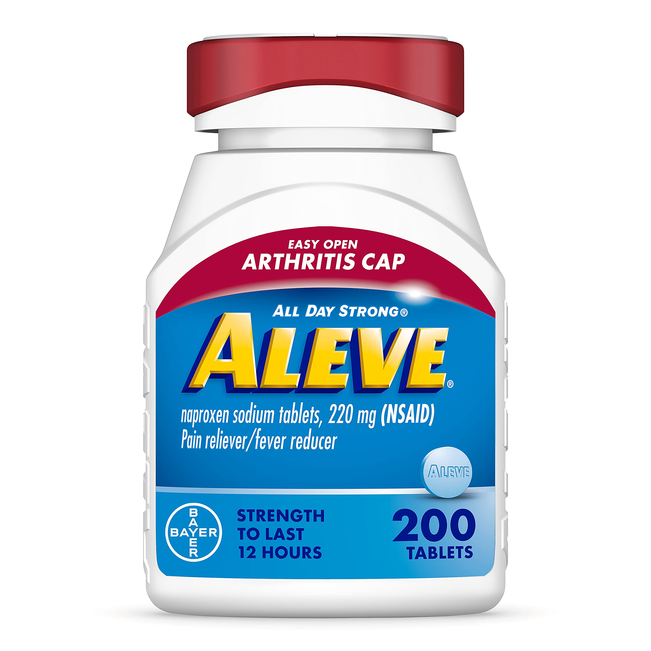 Aleve : bouteille avec capuchon ouverture facile pour une utilisation confortable.