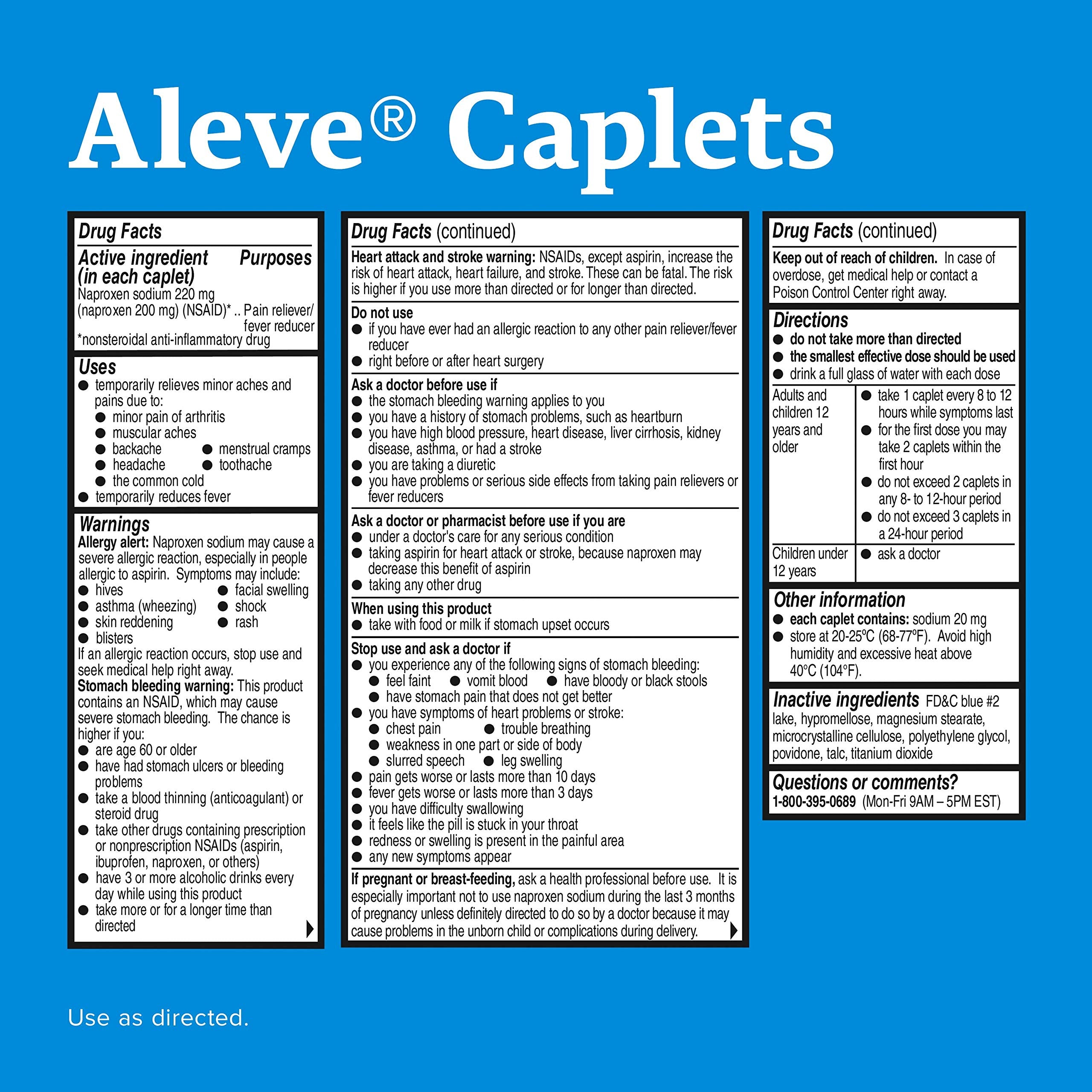 Étiquette et emballage Aleve, informations claires et faciles à lire.