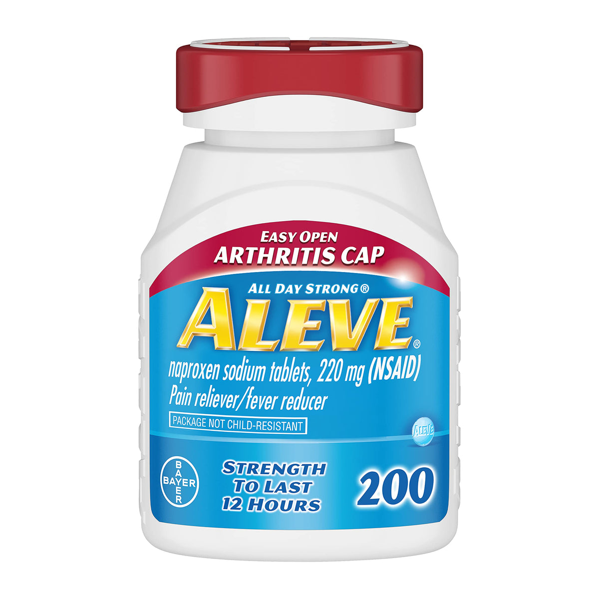 Aleve CPLT 2DZ, bouteille ergonomique, facile à saisir pour soulager la douleur.