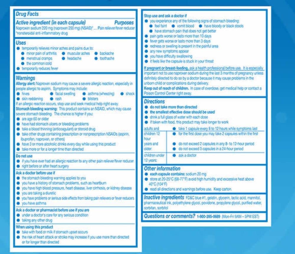 Emballage Aleve et étiquette claire, pratique pour un usage ponctuel lors de déplacements