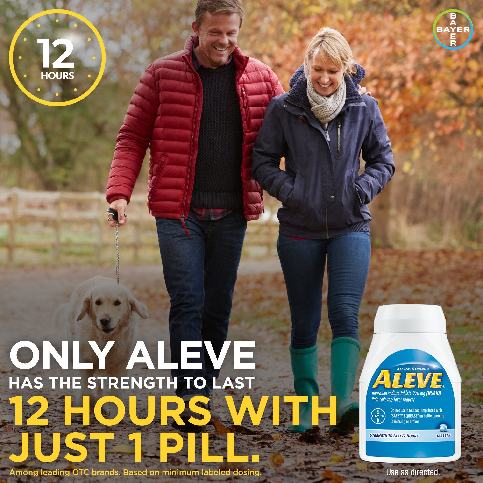 Étiquette Aleve sur emballage, informations claires sur le dosage.