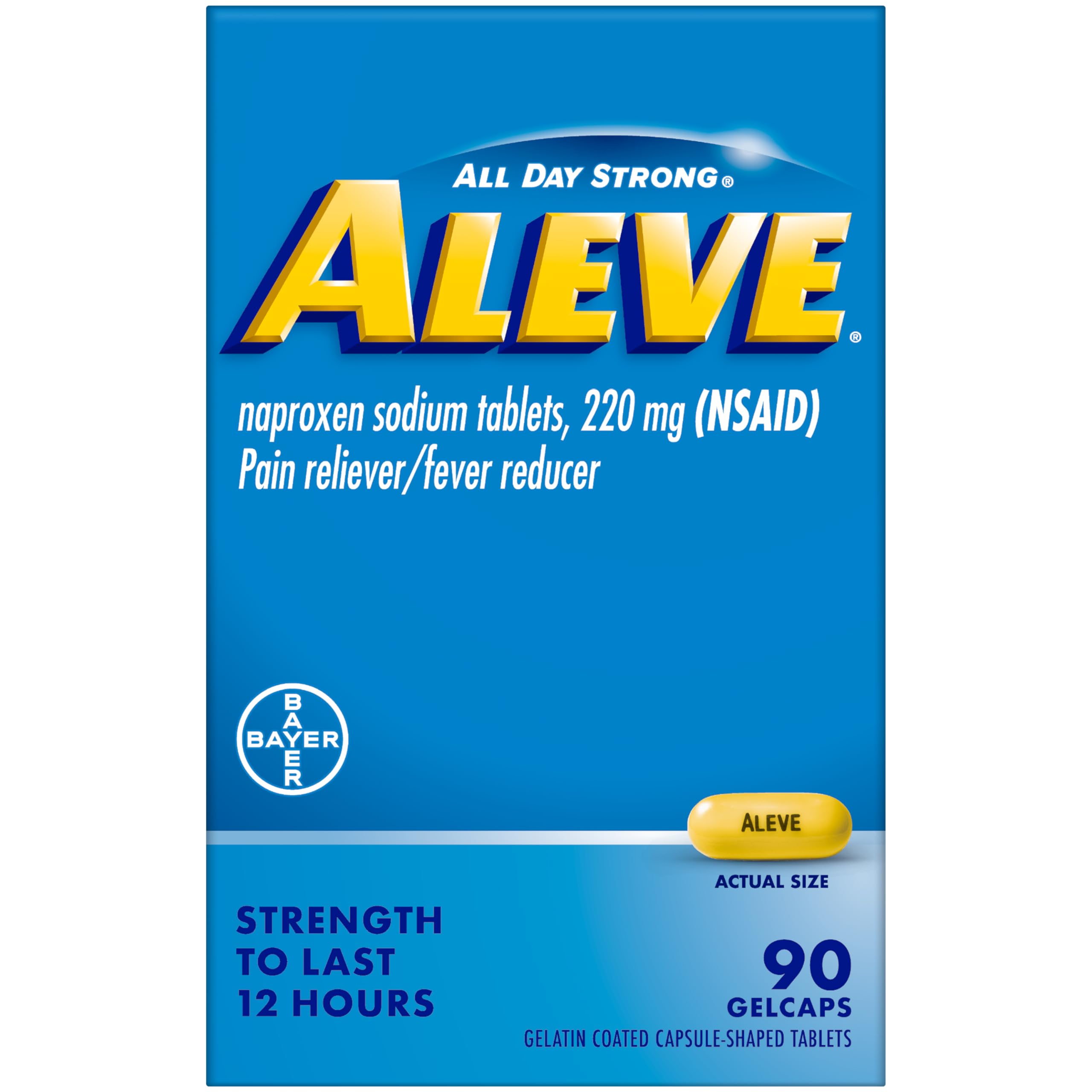 Aleve Gelcaps bouteille ouverte montrant les capsules et leur format pratique.
