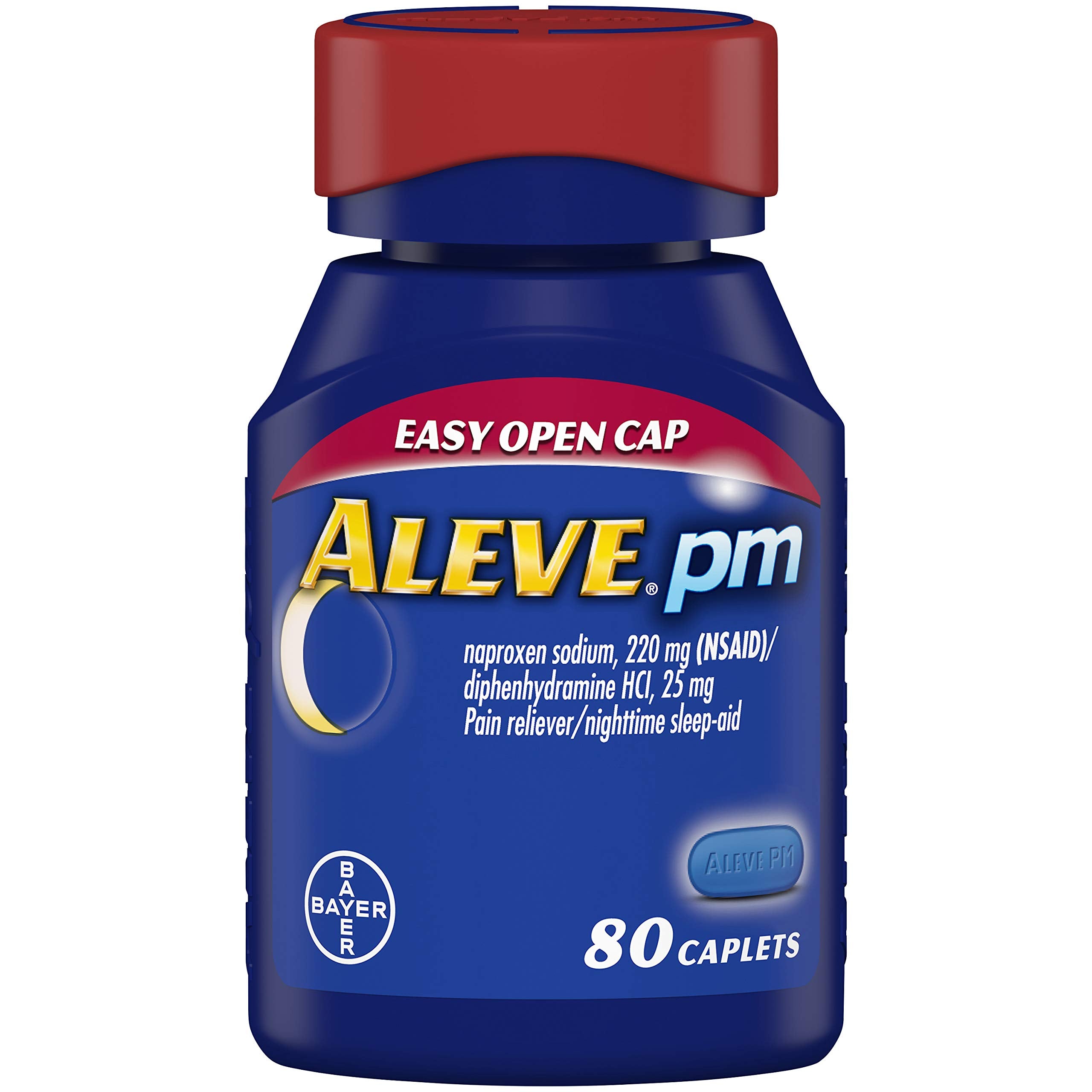 Aleve PM – bouteille et comprimés à ouverture facile pour une prise en main rapide au coucher.