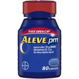 Aleve PM – bouteille et comprimés à ouverture facile pour une prise en main rapide au coucher.