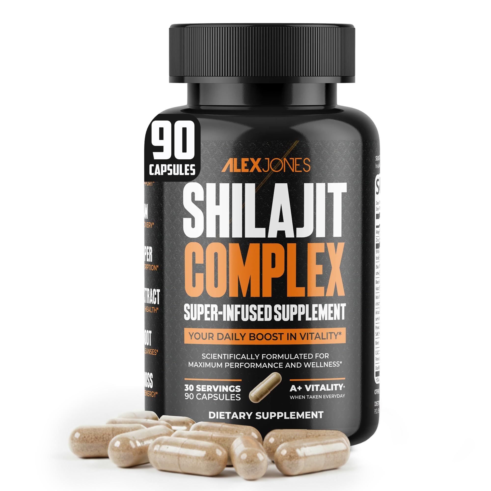 Alex Jones Naturals Maximum Vitalité Shilajit, bouteille, soutien potentiel à l'énergie quotidienne.