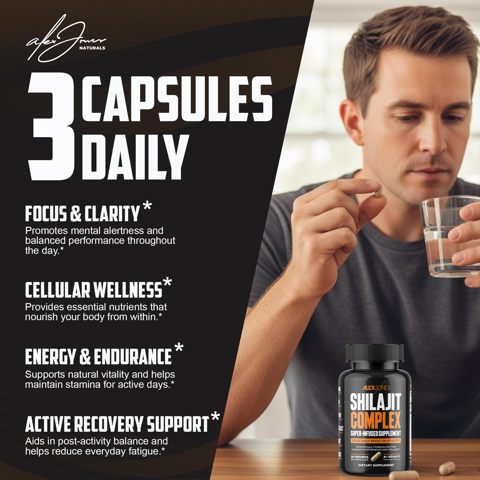 Alex Jones Naturals, capsules Shilajit, format pratique pour une énergie durable.