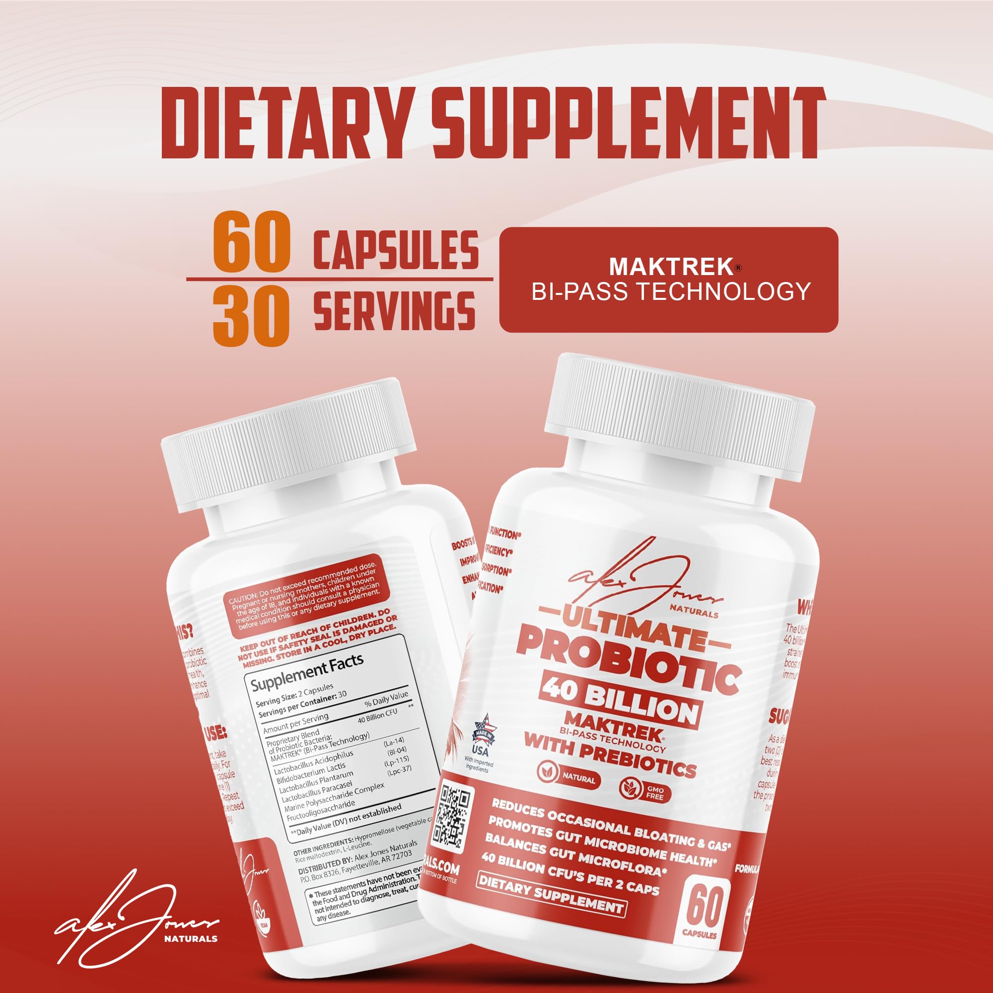 Capsules probiotiques Alex Jones Naturals, prise quotidienne facile pour le confort digestif.