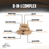 Alex Jones Naturals, étiquette et composition multi‑-herbes, choix clair et transparent.