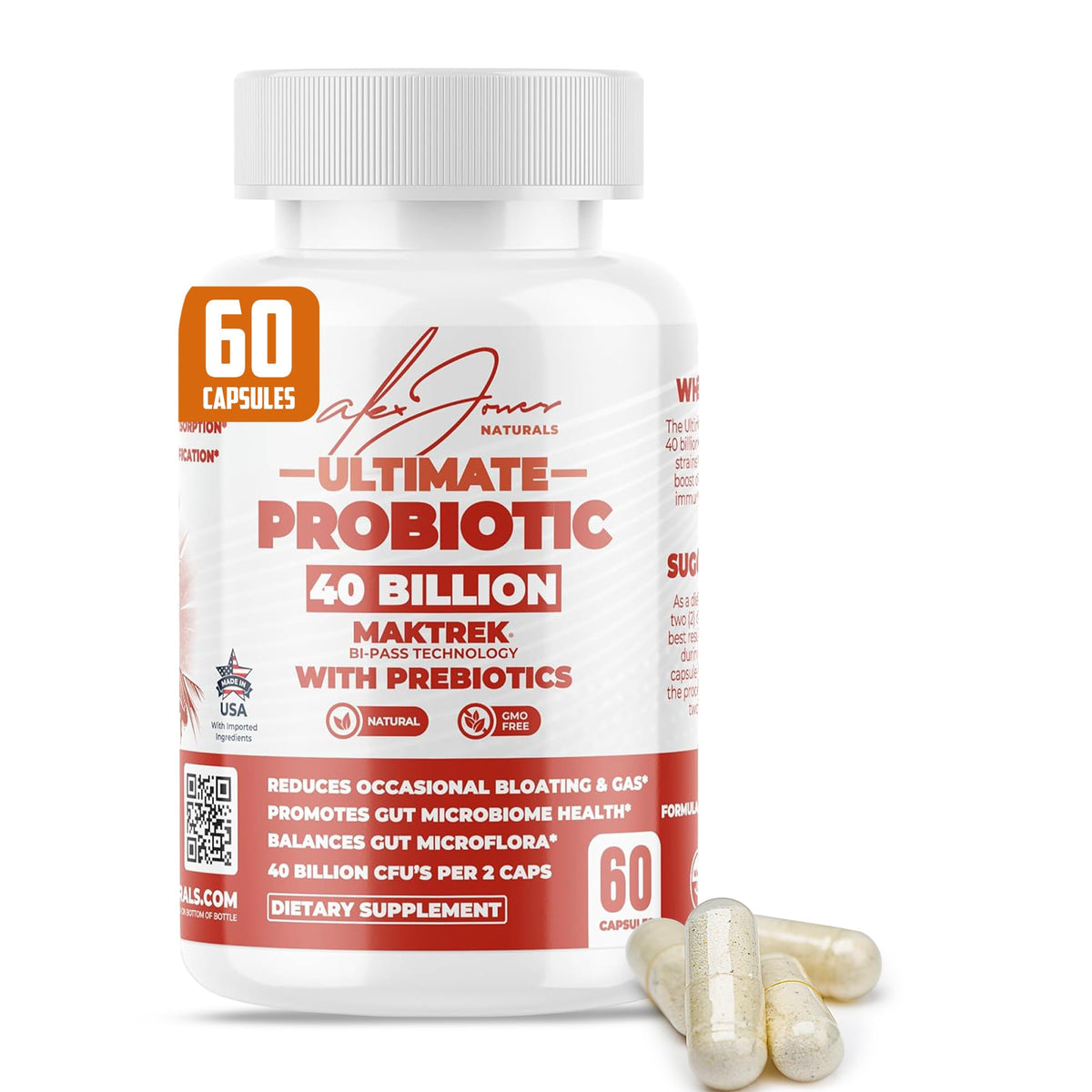 Alex Jones Naturals Probiotiques 40 Milliards CFU – flacon stable favorisant l'équilibre intestinal.