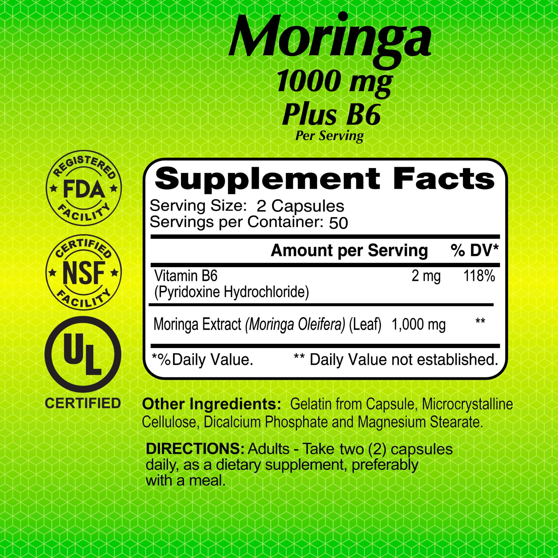 ALFA VITAMINS Moringa : tableau nutritionnel, mise en avant des nutriments essentiels.