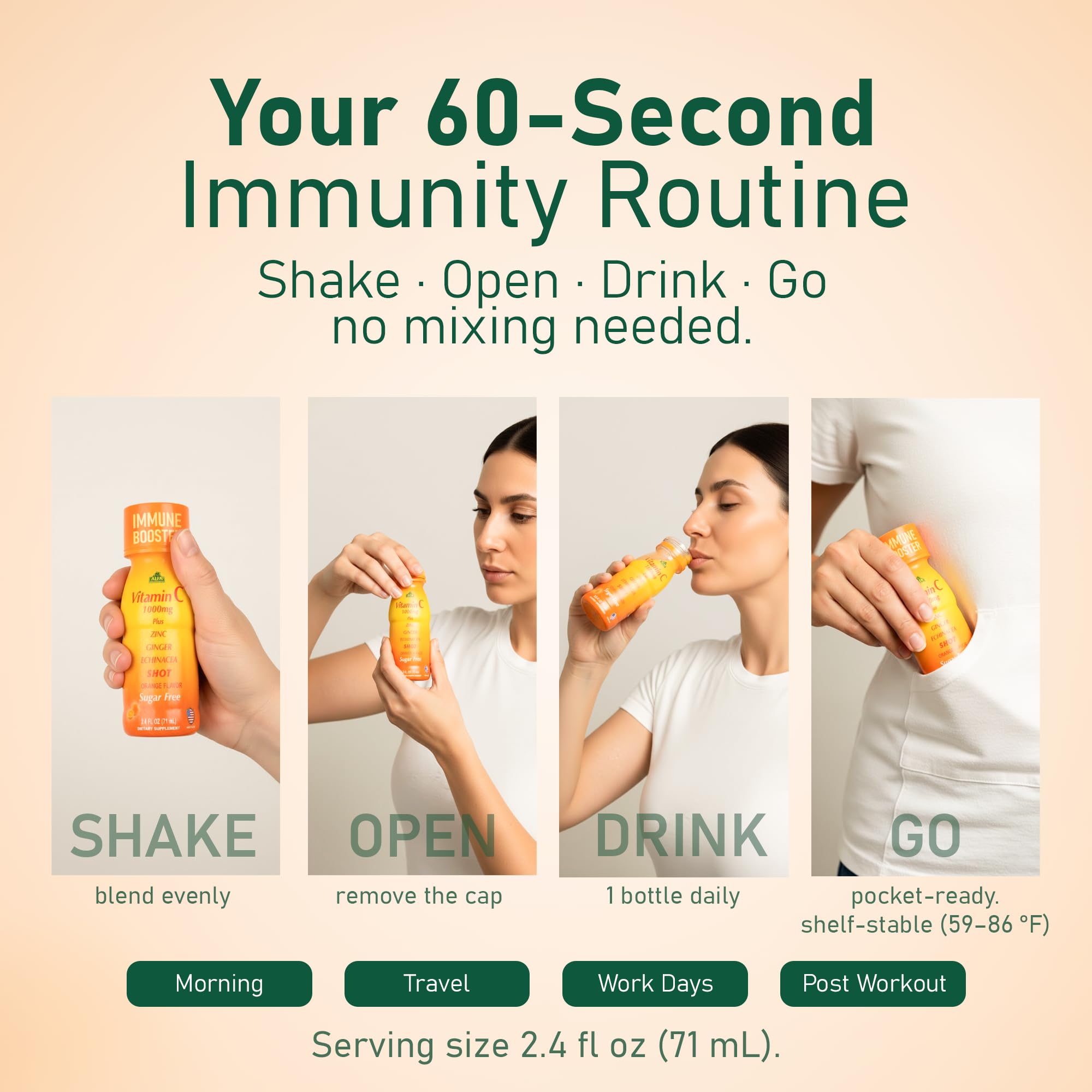 Bouteille orange ALFA VITAMINS prête à intégrer une routine matinale.