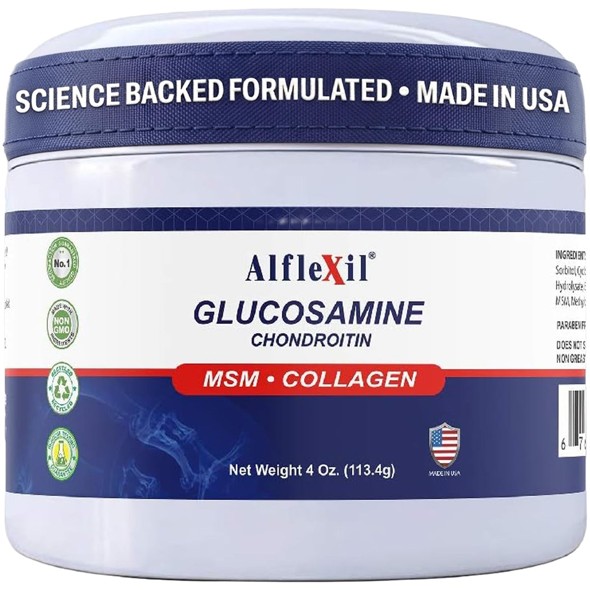 ALFLEXIL Creme glucosamine-chondroitine MSM collagene; tube 4 oz articulations soulagées.