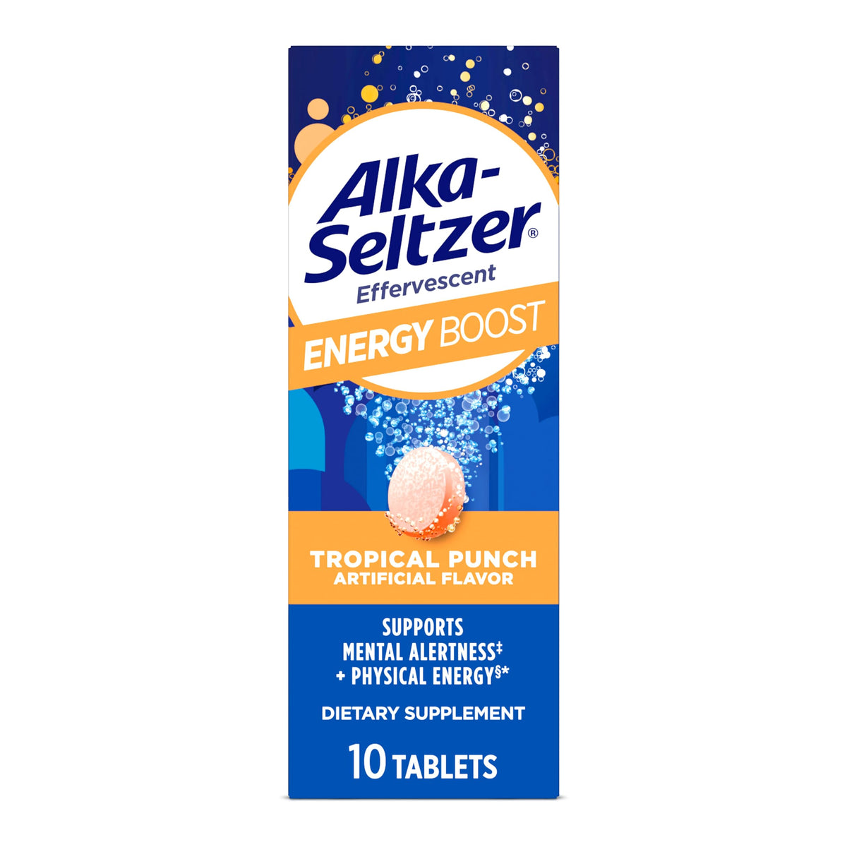 Alka-Seltzer Energy Boost: tablette dans l’eau pour une fraîcheur pétillante et rapide.
