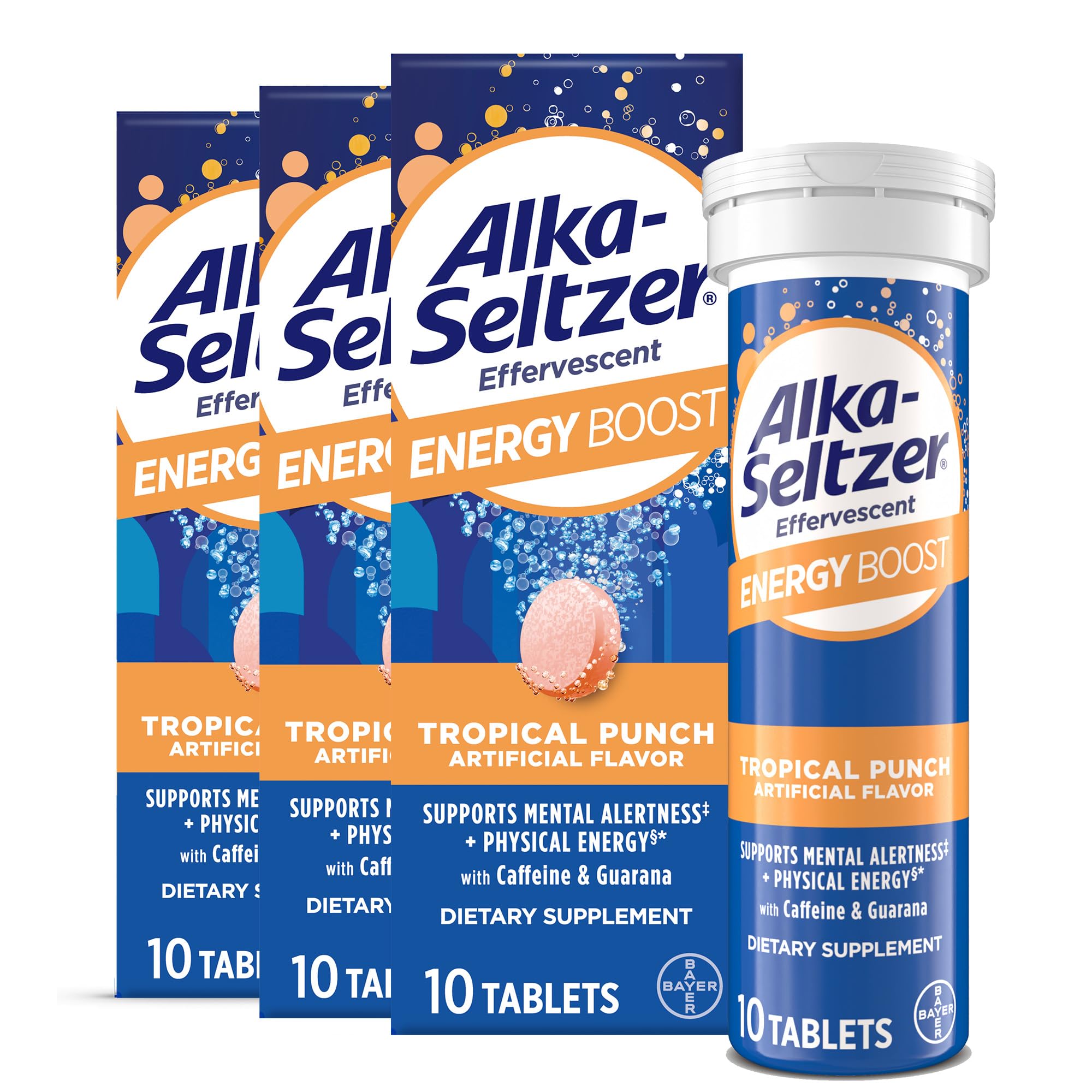 Tablette effervescente Alka-Seltzer Energy Boost pour énergie rapide.
