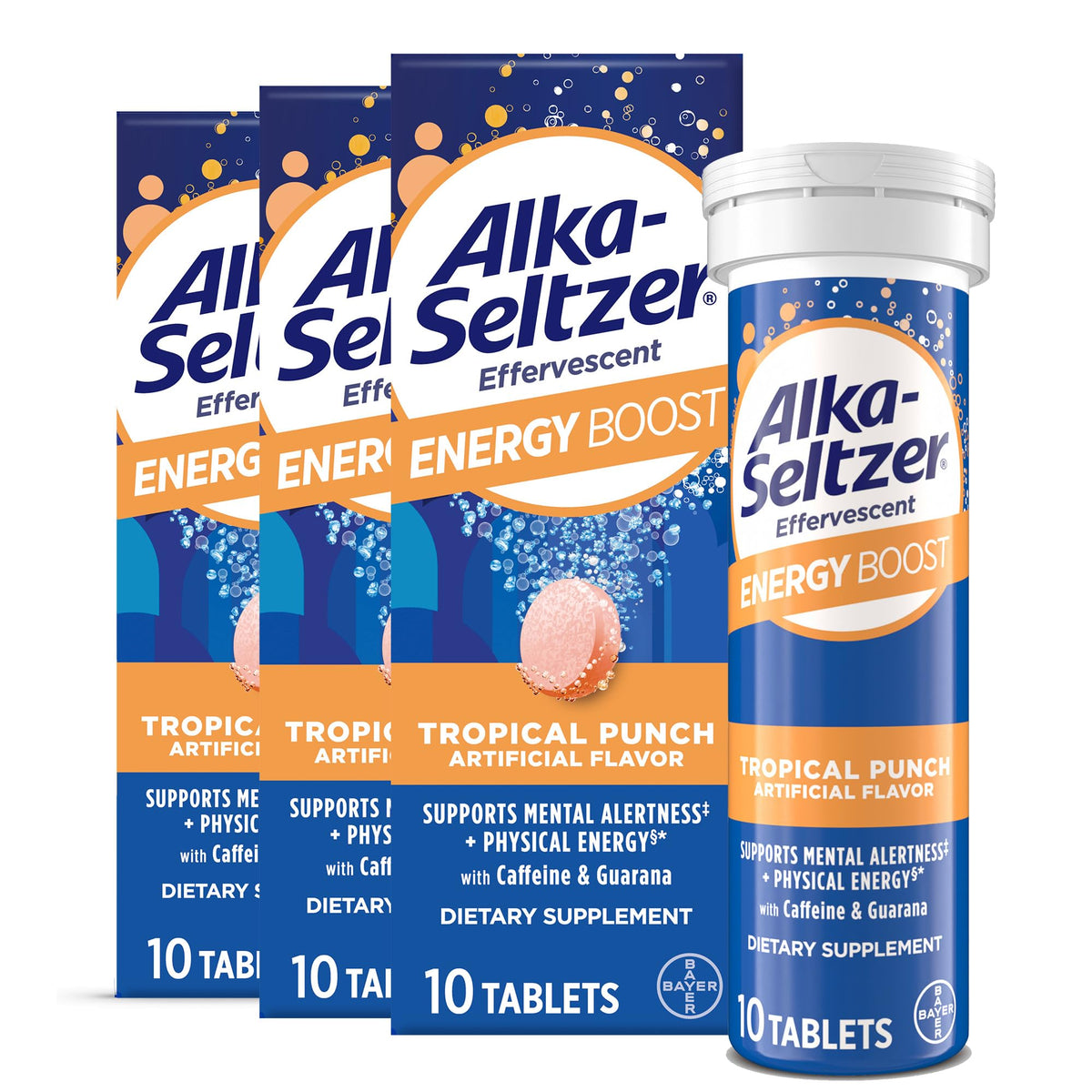 Tablette effervescente Alka-Seltzer Energy Boost pour énergie rapide.